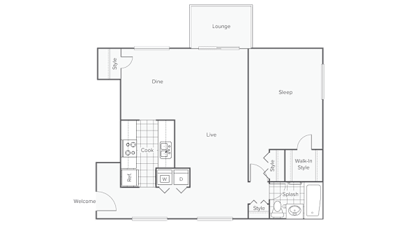 A floor plan of a house with labeled rooms such as Dine and Sleep.