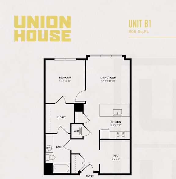 A floor plan for a Union House apartment unit B1, which is 805 square feet.