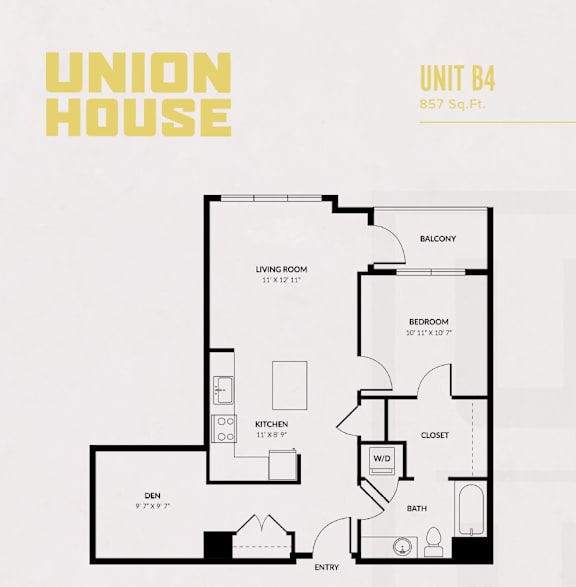 Unit b4 floor plan 857 square feet at Union House Apartments, Massachusetts