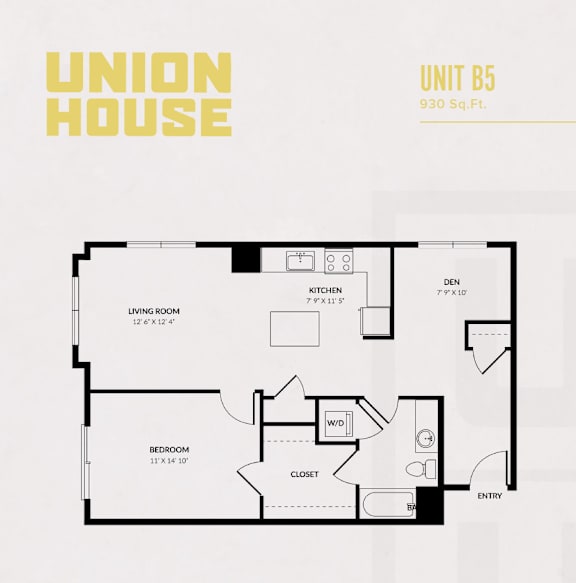 Unit b5 one bedroom den floor plan 930 square feet at Union House Apartments, Massachusetts, 1702