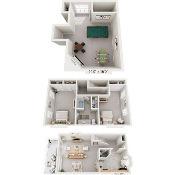 A set of three floor plans for a house with dimensions.