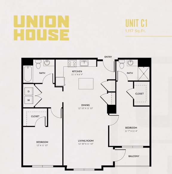 A floor plan of a Union House apartment unit C1, which is 1,117 square feet.