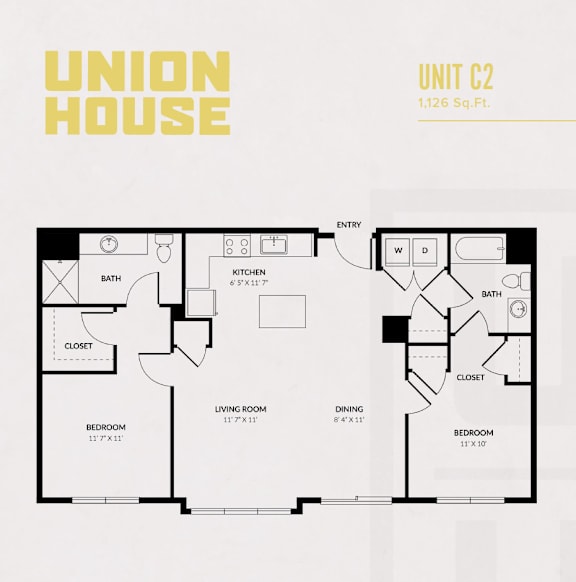 A floor plan of a Union House apartment unit with a living room, two bedrooms, a kitchen, a dining area, and a bathroom.