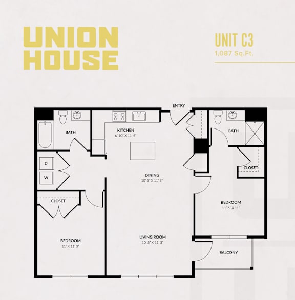 A floor plan of a Union House apartment unit C3, which is 1,087 square feet.