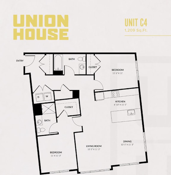 Unit c4 two bedroom floor plan 1209 square feet at Union House Apartments, Framingham