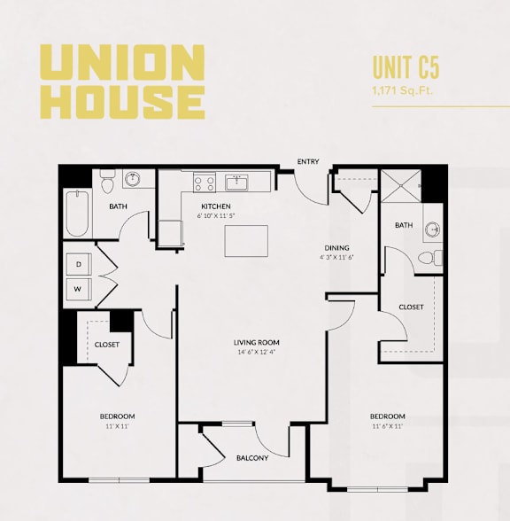 A floor plan of a Union House apartment unit C5 with 1,171 square feet.