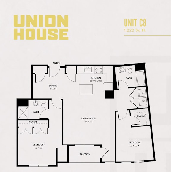 A floor plan of a Union House apartment unit C8, which is 1,222 square feet.