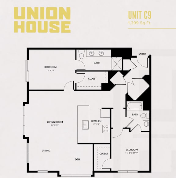 A floor plan of a Union House unit C9, which is 1,399 square feet.