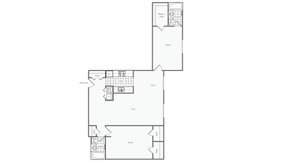 A floor plan of a house with a kitchen, living room, and two bedrooms.