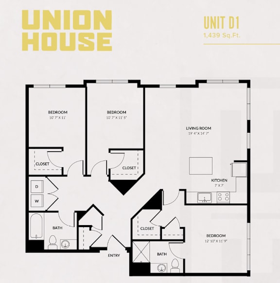 Unit d1 three bedroom floor plan 1439 square feet at Union House Apartments, Framingham, Massachusetts
