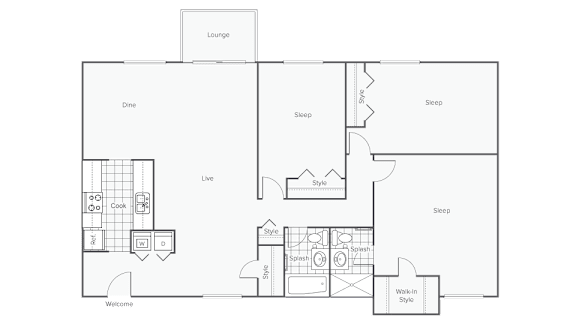 A floor plan of a house with a lounge, dining area, kitchen, and sleeping quarters.