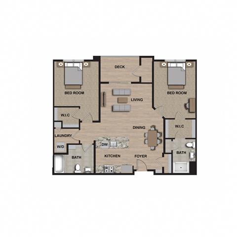 a floor plan with two bedrooms and two baths