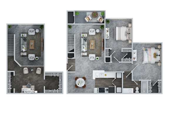 A top-down view of a two bedroom with loft apartment that shows furniture layout at Town Walk at Hamden Hills, Connecticut, 06518