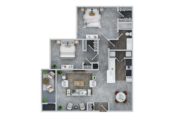 A top-down view of a one bedroom apartment with a kitchen, living room, and bathroom at Town Walk at Hamden Hills, Connecticut, 06518