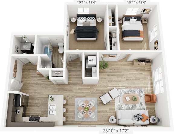 A floor plan of a small apartment with two bedrooms, a living room, a kitchen, and a bathroom.