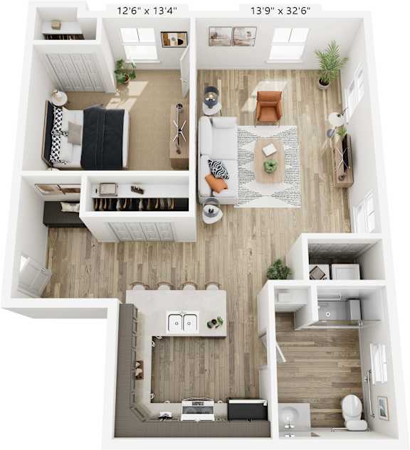 A floor plan of a small apartment with a living room, kitchen, and two bedrooms.