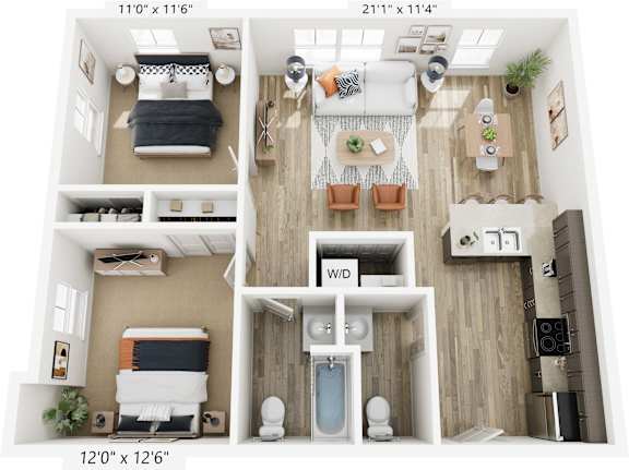 A floor plan of a small apartment with a living room, kitchen, and two bedrooms.