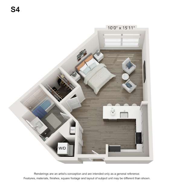 A floor plan of a room with a kitchen, living room, and bathroom.