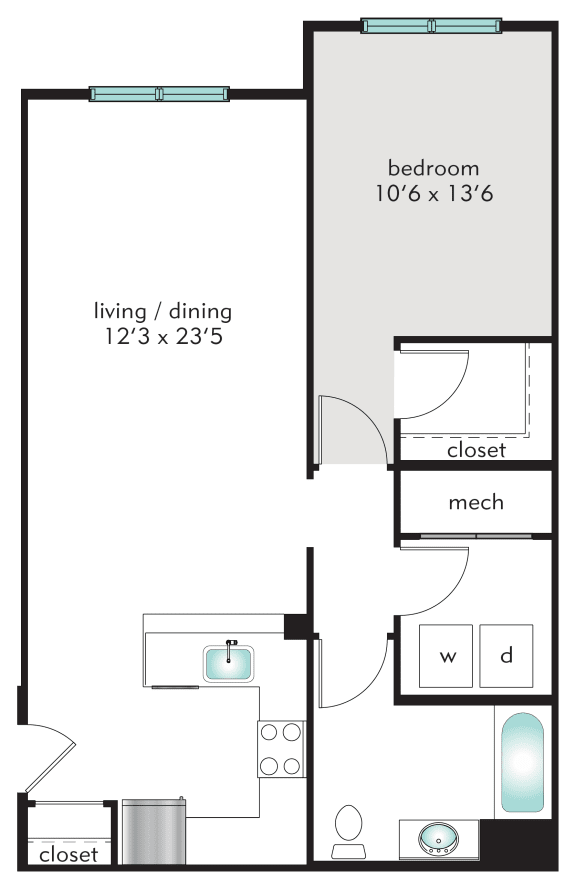 Tannery 1A floor plan one bedroom apartment at The Tannery, Connecticut, 06033