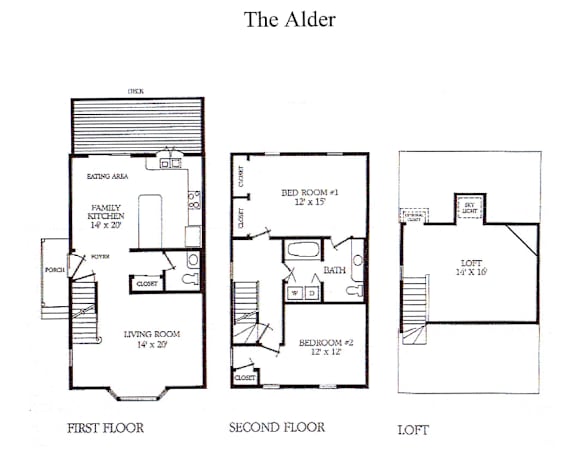 A black and white image of a floor plan for a house named The Alder.