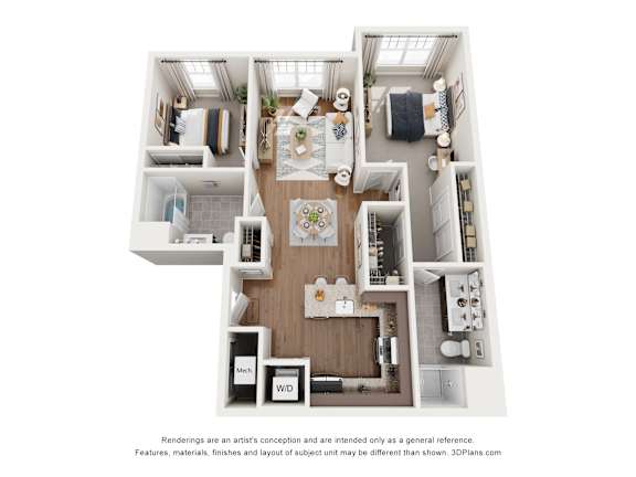A 3D floor plan of a house with a kitchen, living room, and two bedrooms.