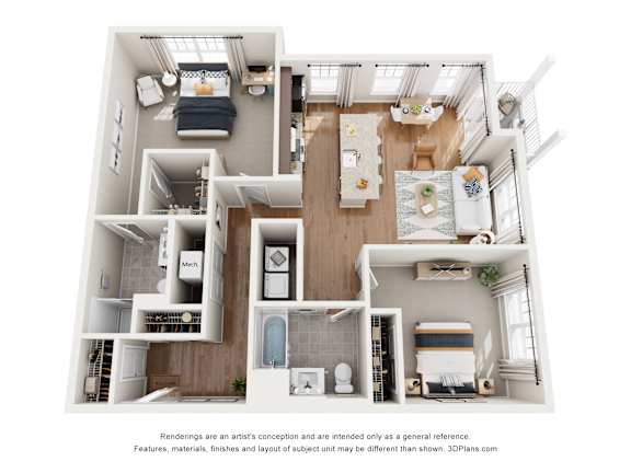 A 3D floor plan of a house with a kitchen, living room, and bathroom.