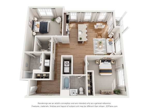 A 3D floor plan of a small apartment with a kitchen, living room, and bathroom.