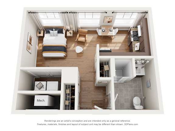 A 3D floor plan of a small apartment with a bedroom, living room, kitchen, and bathroom.