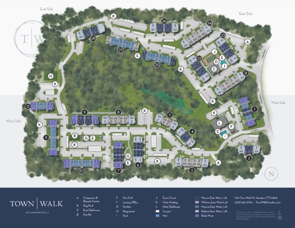 a map of the town walk site at Town Walk at Hamden Hills, Hamden, CT