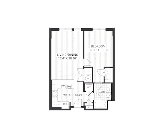 A black and white image of a floor plan for a small apartment.