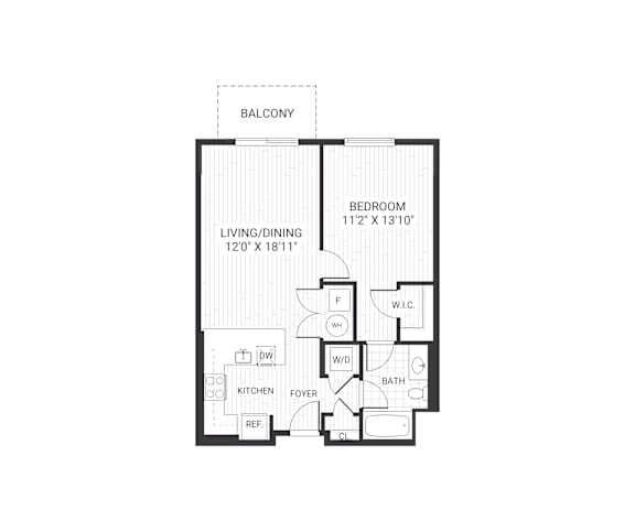 A floor plan of an apartment with a living room, dining room, bedroom, bathroom, kitchen, and foyer.