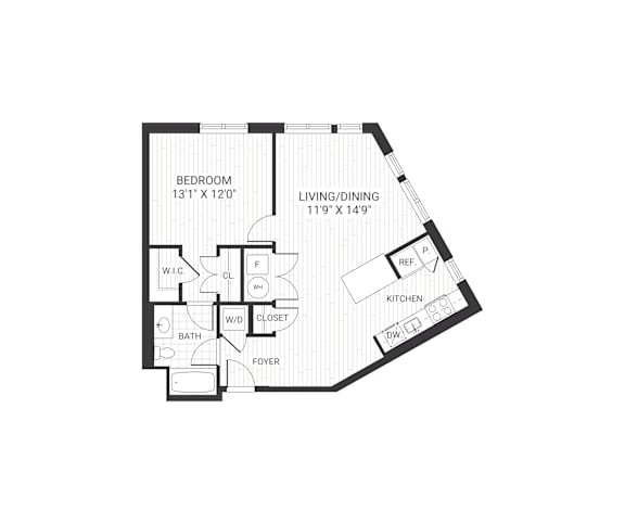 A floor plan of a house with a bedroom, living room, kitchen, bathroom, and foyer.