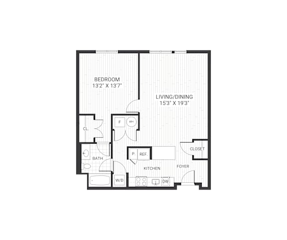 A floor plan of a small apartment with a bedroom, living room, kitchen, bathroom, and foyer.