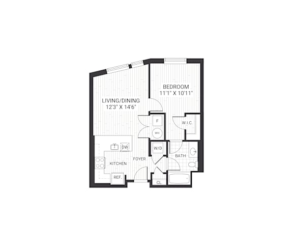 A floor plan of a small apartment with a living room, dining room, kitchen, bathroom, and bedroom.