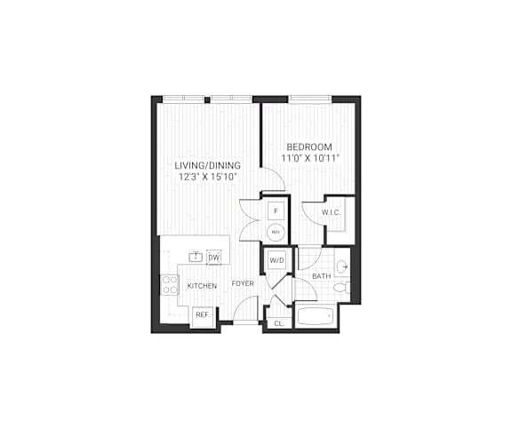 A floor plan of a small apartment with a living room, dining room, kitchen, bathroom, bedroom, and a closet.