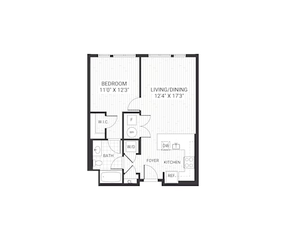 A black and white image of a floor plan for a bedroom, living/dining area, kitchen, and bathroom.