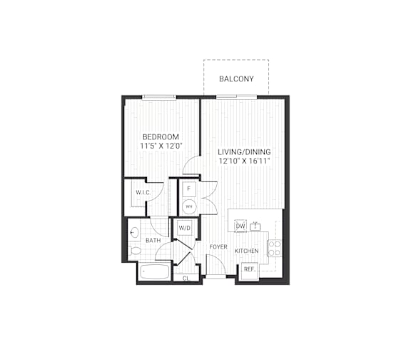 A floor plan of an apartment with a balcony, bedroom, living/dining area, bathroom, kitchen, foyer, and laundry room.
