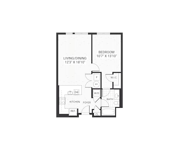 A floor plan of a small apartment with a living/dining area, kitchen, bathroom, bedroom, and a foyer.