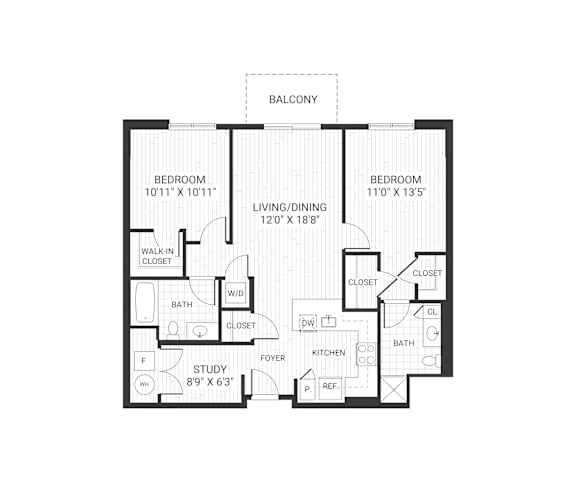 A floor plan of a balcony with two bedrooms, a living/dining area, a study, a bathroom, a kitchen, and closets.