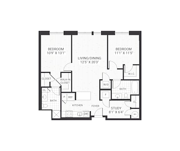 A floor plan of a house with two bedrooms, a living/dining area, a study, a kitchen, a foyer, a bath, a clothes closet, and a walk-in closet.