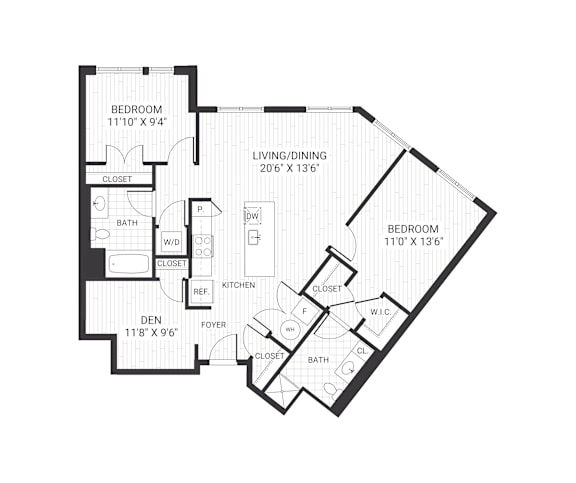 A black and white image of a floor plan for a home with a living room, dining room, two bedrooms, a bathroom, a kitchen, a foyer, and a den.