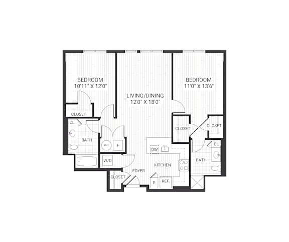 A black and white image of a floor plan for a house with two bedrooms, a living/dining area, a bathroom, a kitchen, a foyer, and a reference room.