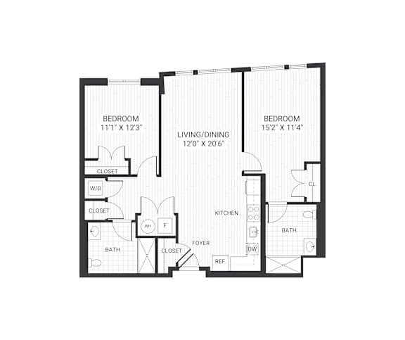 A black and white image of a floor plan for a two bedroom apartment.