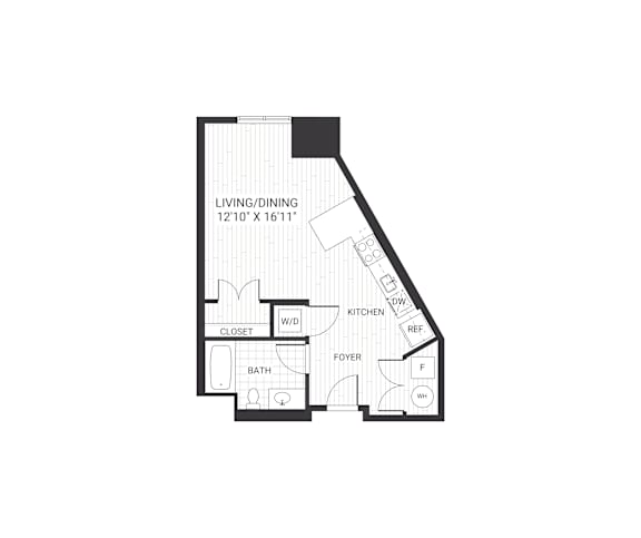 A floor plan of a living and dining area with a kitchen, bathroom, and foyer.