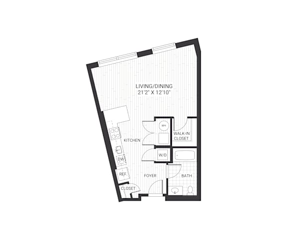 A floor plan of a house with a living/dining area of 21 feet by 12 feet.