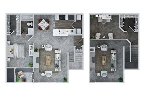 A loft style one bedroom apartment with furniture placed throughout at Town Walk at Hamden Hills, Connecticut, 06518