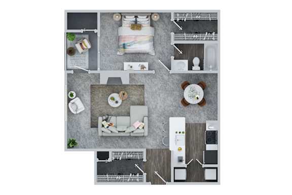 A top-down view of a modern one bedroom apartment living room with a dining area and kitchen at Town Walk at Hamden Hills, Connecticut, 06518