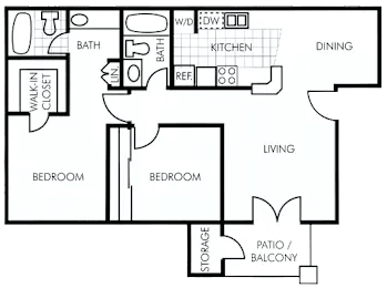 A floor plan of a house with two bedrooms, a living room, a dining area, a kitchen, a bathroom, a walk-in closet, and a patio/balcony.
