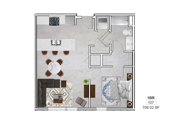 A floor plan of a 1 bedroom apartment with 107 square feet.