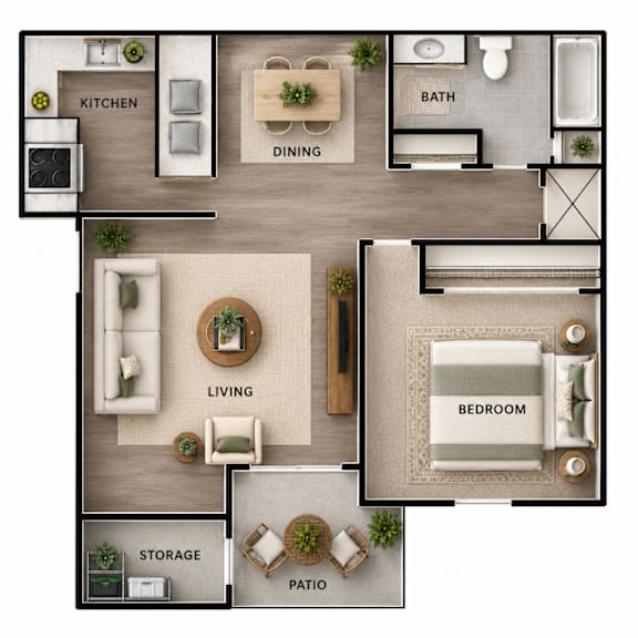 A floor plan of a house with a living room, dining room, kitchen, bathroom, bedroom, storage, and patio.